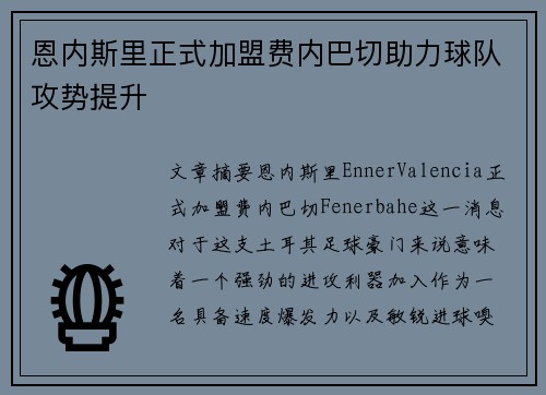 恩内斯里正式加盟费内巴切助力球队攻势提升 恩内斯里正式加盟费内巴切助力球队攻势提升