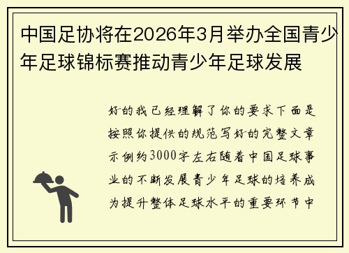 中国足协将在2026年3月举办全国青少年足球锦标赛推动青少年足球发展
